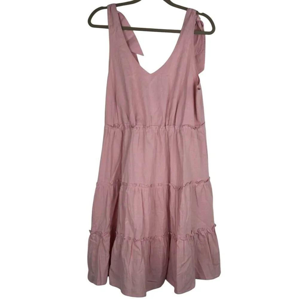 ZESICA V NECK SLEEVELESS TIE SHOULDER RUFFLE SWING SHORT SUNDRESSES PINK LARGE - Picture 2 of 8